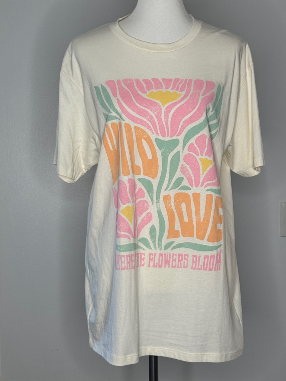 Woman’s Wild Love Floral Graphic Tee - Cream with Pink, Orange & Green